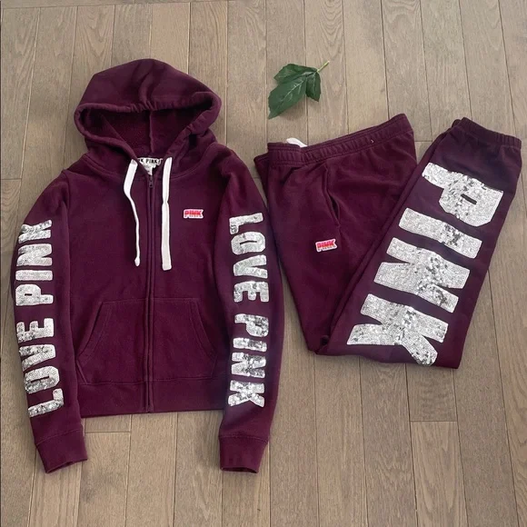 Pink Maroon Hoodie & Sweatpants Set - 'Love Pink’ With Sequence & Logo, Small/Xs - Picture 2 of 14